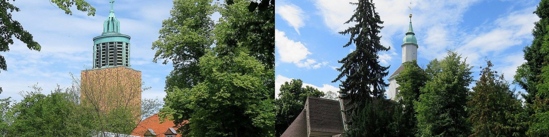 Martin-Luther-Gedächtnis-Kirche und Alte Dorfkirche Mariendorf im Sommer